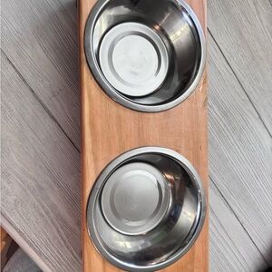 Wooden Elevated Double Pet Bowl Stand with Stainless Steel Bowls